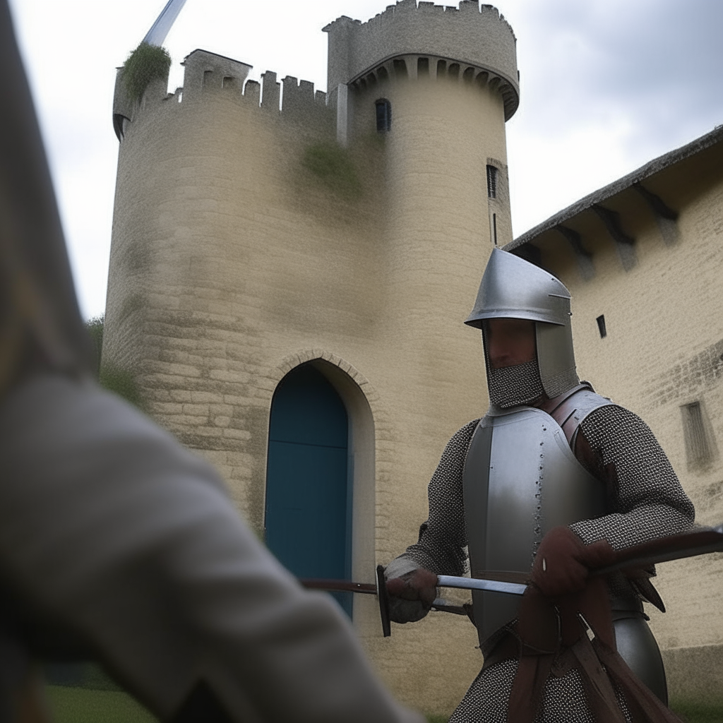 Un chevalier brandissant une épée devant un château fort