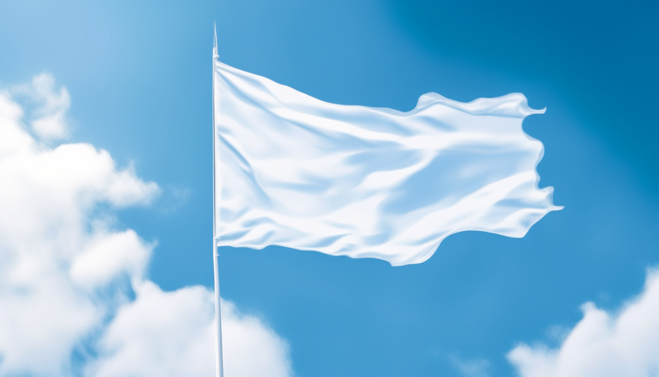 Un drapeau blanc flottant doucement, symbole universel de compassion, sur un ciel bleu avec des nuages blancs