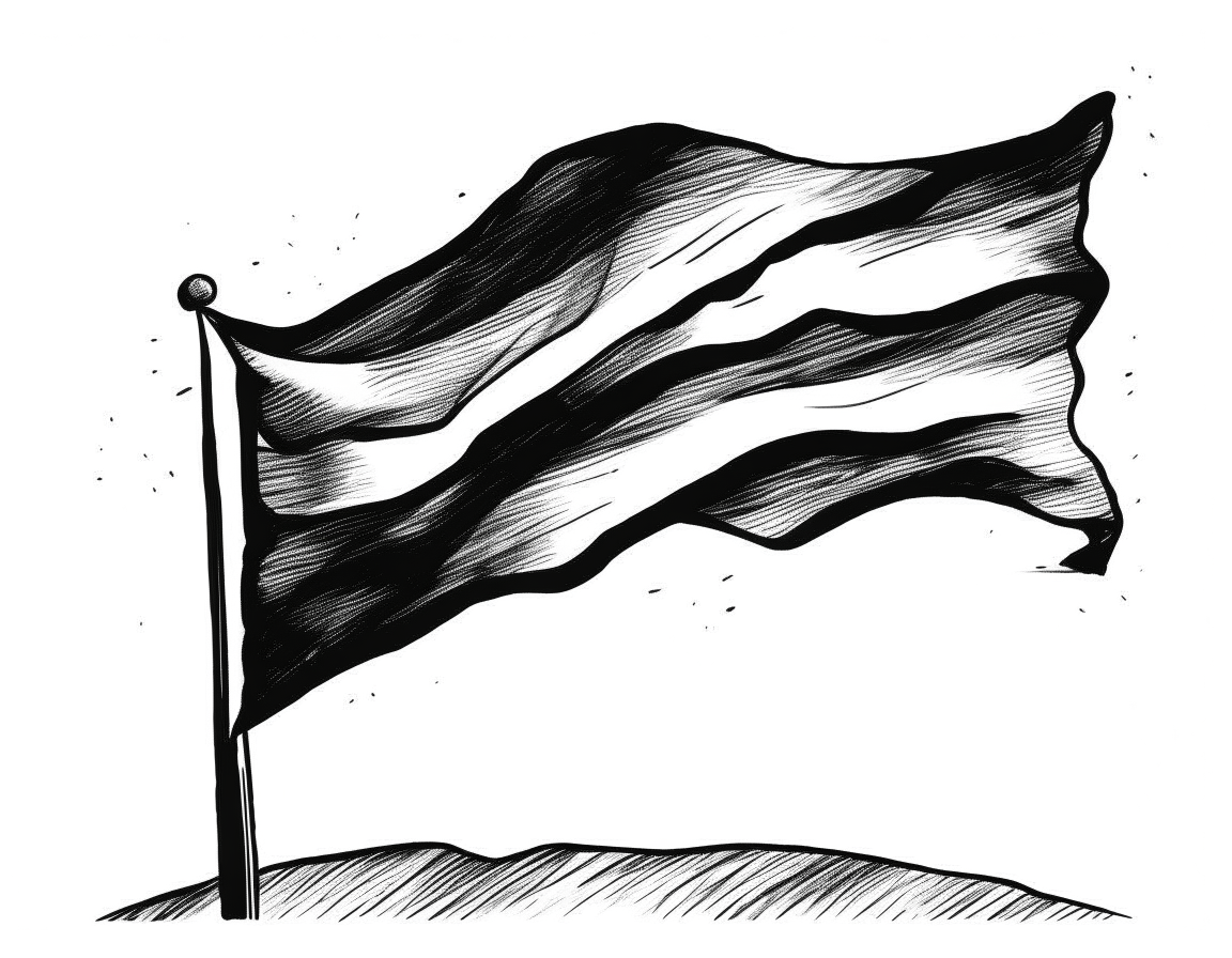 Un drapeau blanc ondulant, dessiné à la main à l'encre noire, symbole universel de compassion