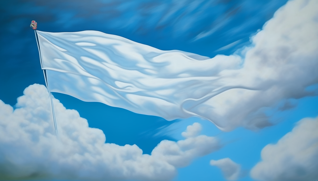 Drapeau blanc flottant sur fond de ciel bleu avec des nuages, style peinture à l'huile impressionniste