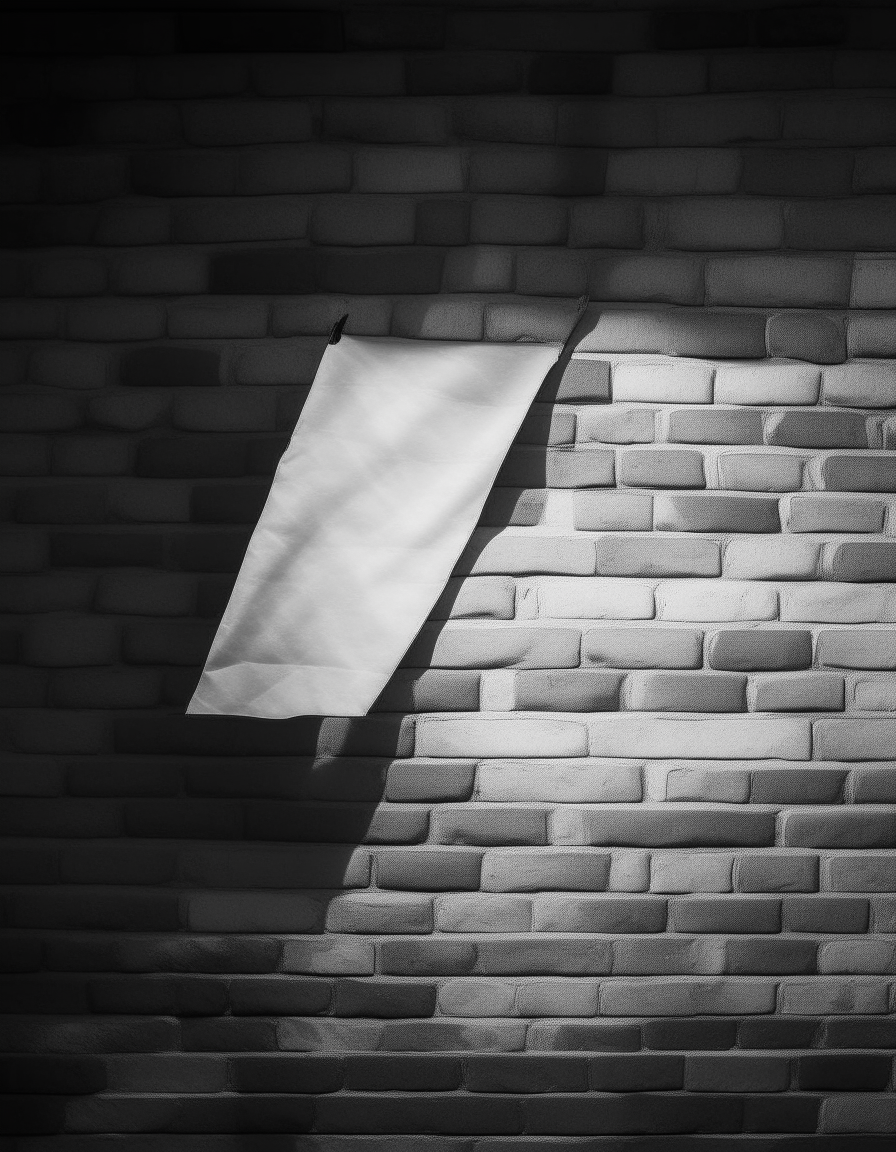 Photo en noir et blanc d'un drapeau blanc sur un mur de briques, lumière rasante, symbole de compassion