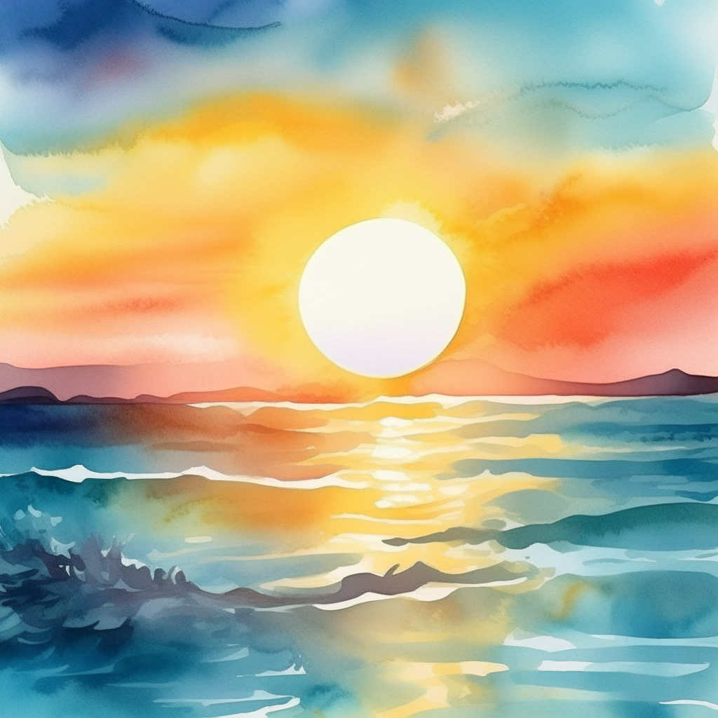 Un soleil stylisé se levant sur la mer, aquarelle colorée pleine d'espoir