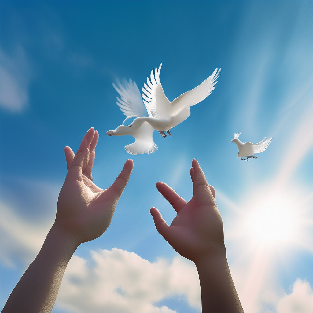 An open hand releasing four doves into a blue sky, symbolizing generosity times four, digital art