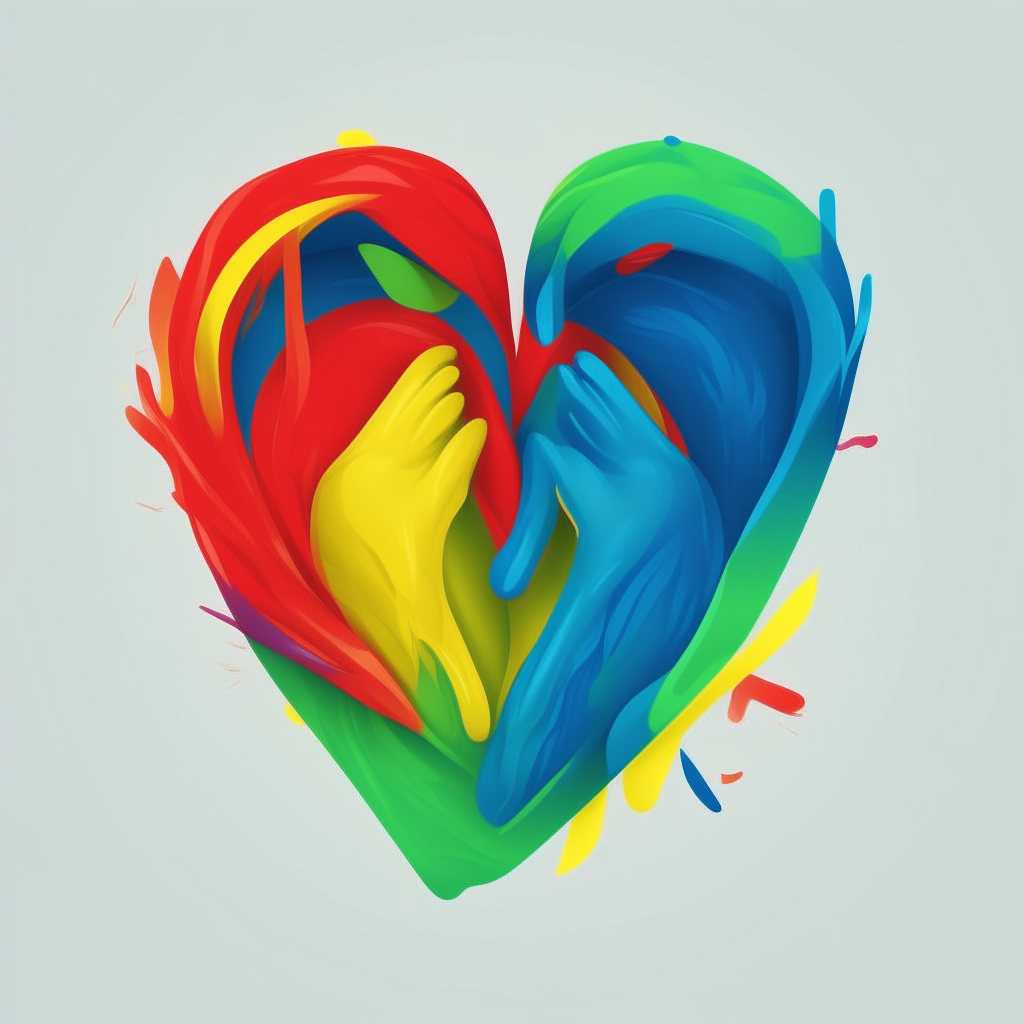 An abstract symbol with red, blue and yellow interlocking hands and a green heart shape representing generosity, high resolution digital art