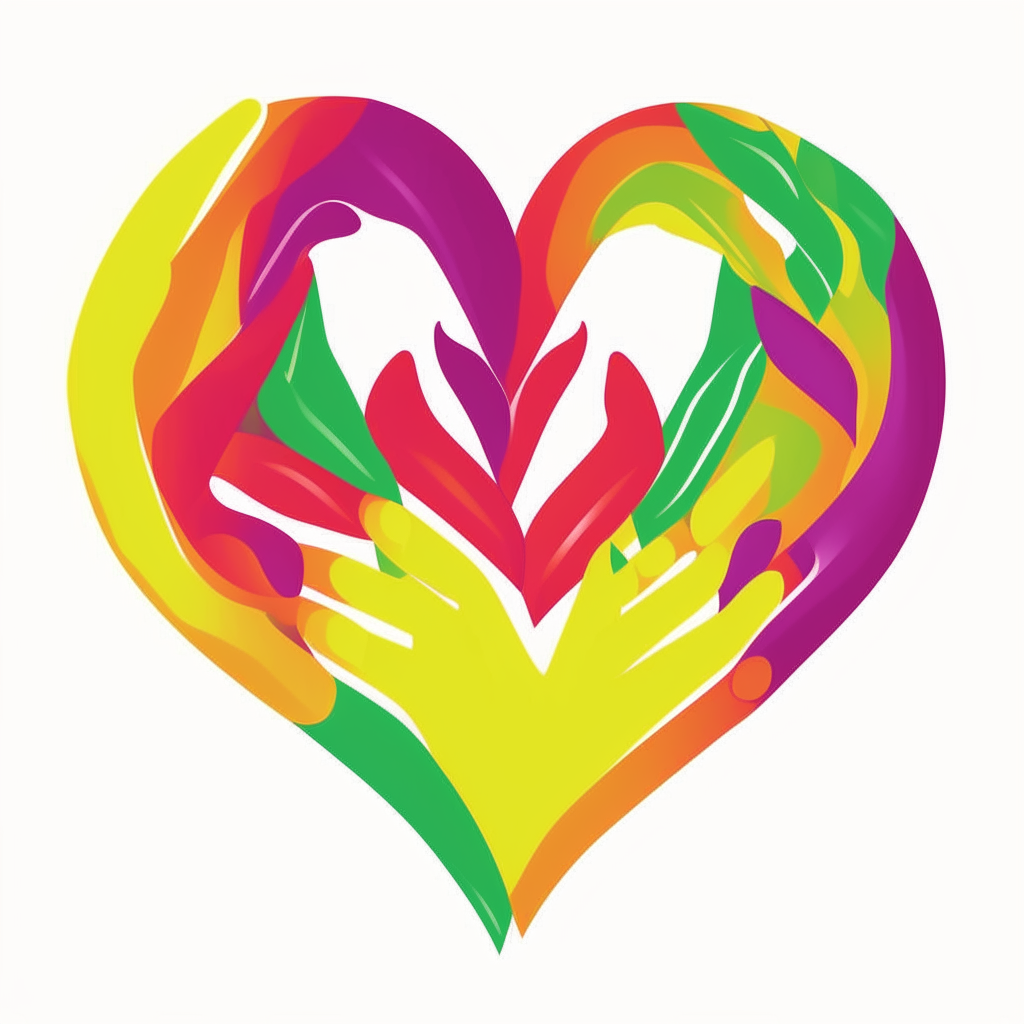 An abstract symbol with red, yellow, green and purple interlocking hands forming the shape of a heart to represent generosity