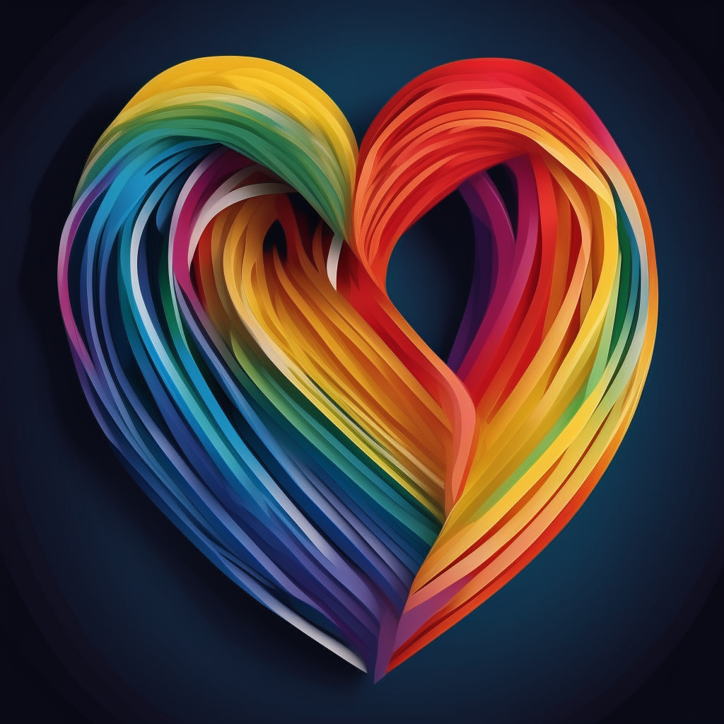 A circle made of rainbow colored ribbons swirling together into the shape of a heart, digital art