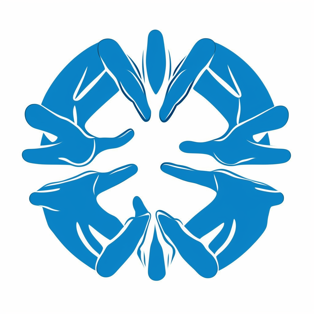 A minimalist outline symbol of five hands coming together in the center, colored blue, representing generosity and unity