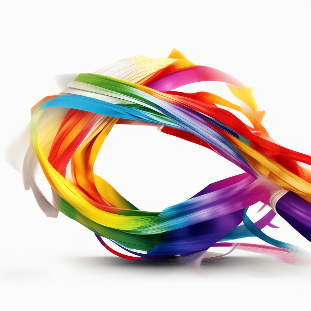 Digital painting of rainbow colored ribbons swirling into a spiral shape on a white background