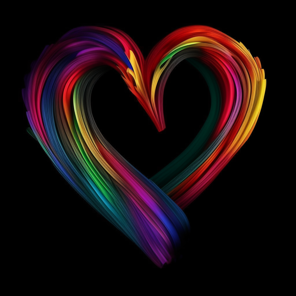 Abstract digital art of rainbow ribbons curling into the shape of a heart on a black background