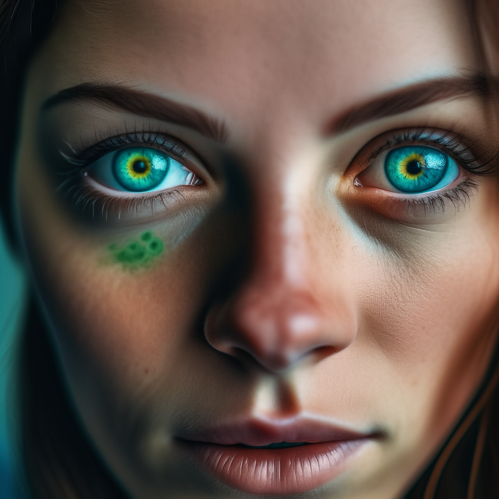 A close up portrait of a woman with one green eye and one blue eye looking directly at the camera