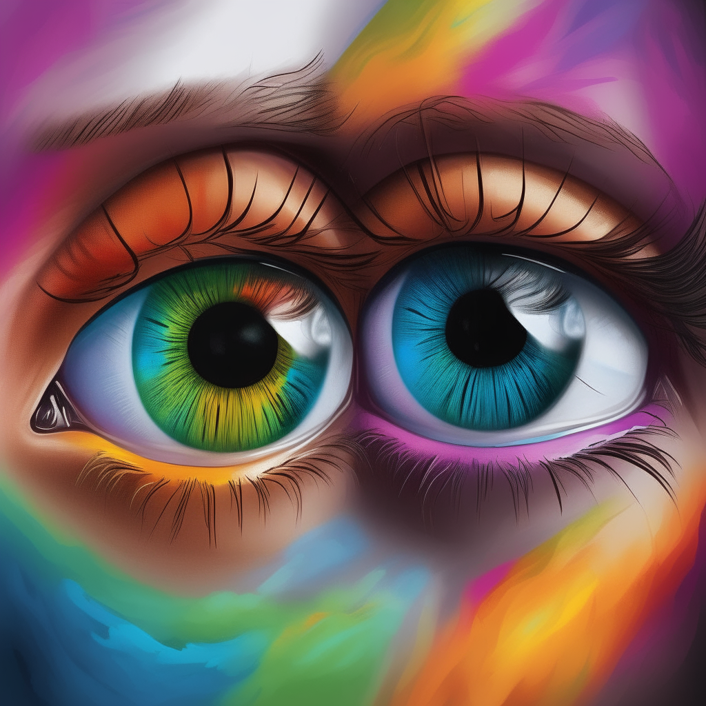 A surreal digital painting of a pair of eyes with rainbow colored irises