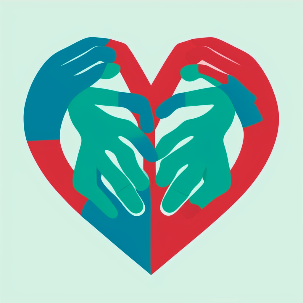 A vector graphic of three interlocking hands forming a heart shape in red, green and blue