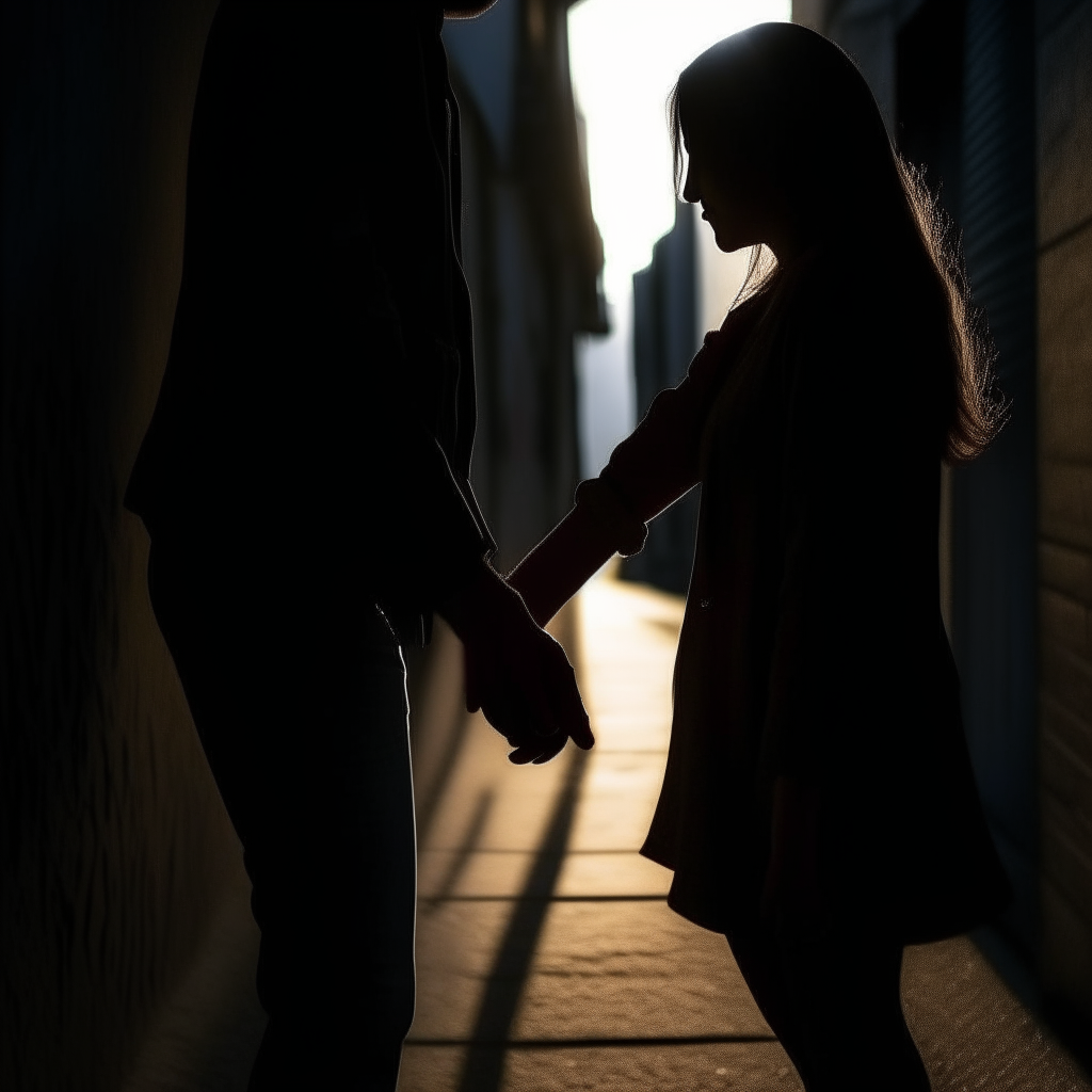 A 26-year-old man holds the hand of a 22-year-old woman from a dark corner.