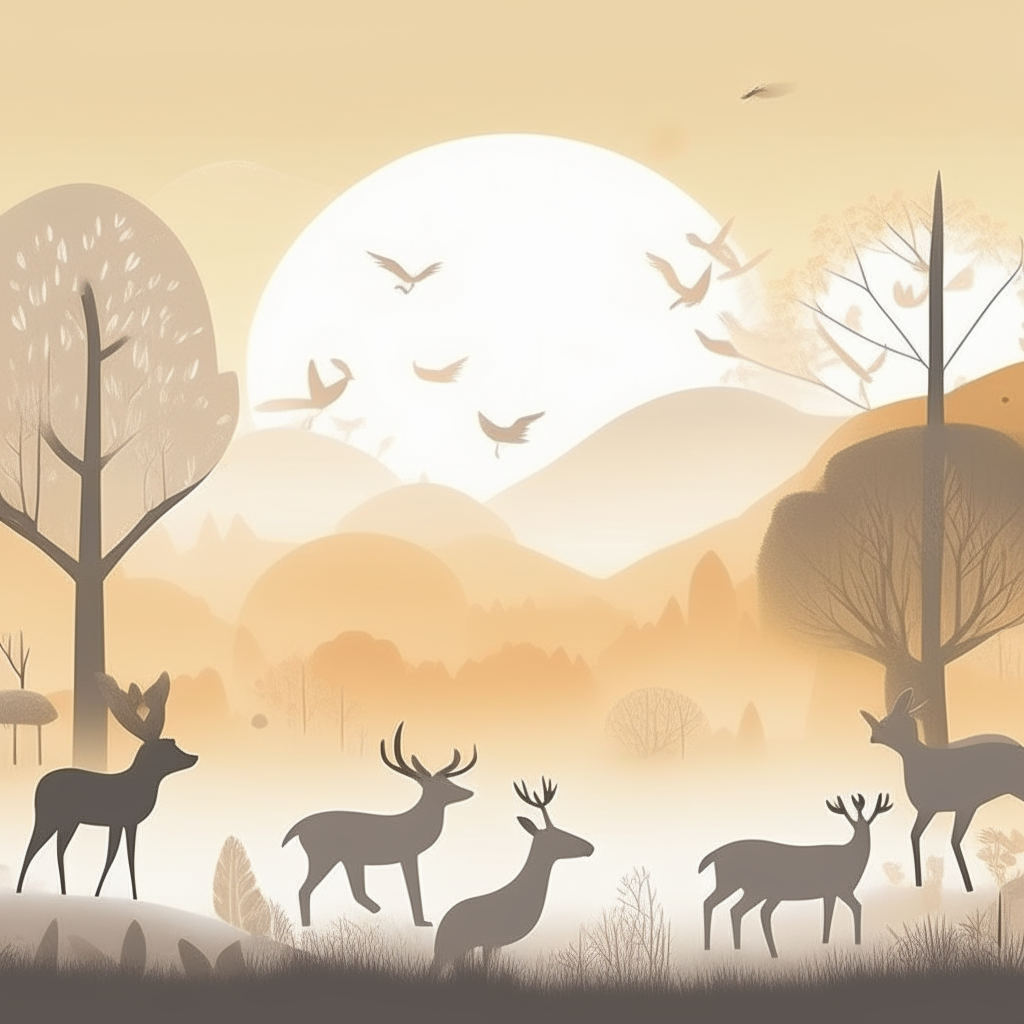 a landscape scene with silhouetted animals like rabbits, deer and birds in ochre and gray colors against a light sky, suitable for children's room