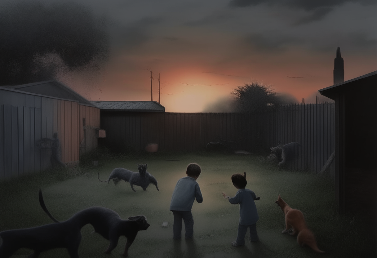 a backyard at dusk, children playing with pets visible only as dark silhouettes against a grey sky, rendered in a soft silk painting style