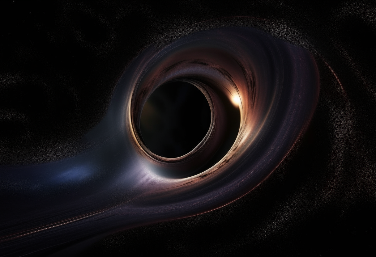 An ominous swirling vortex in space with bright rings of gas and stars being pulled inwards by gravity into the event horizon of the black hole which has a bright ring around a dark center