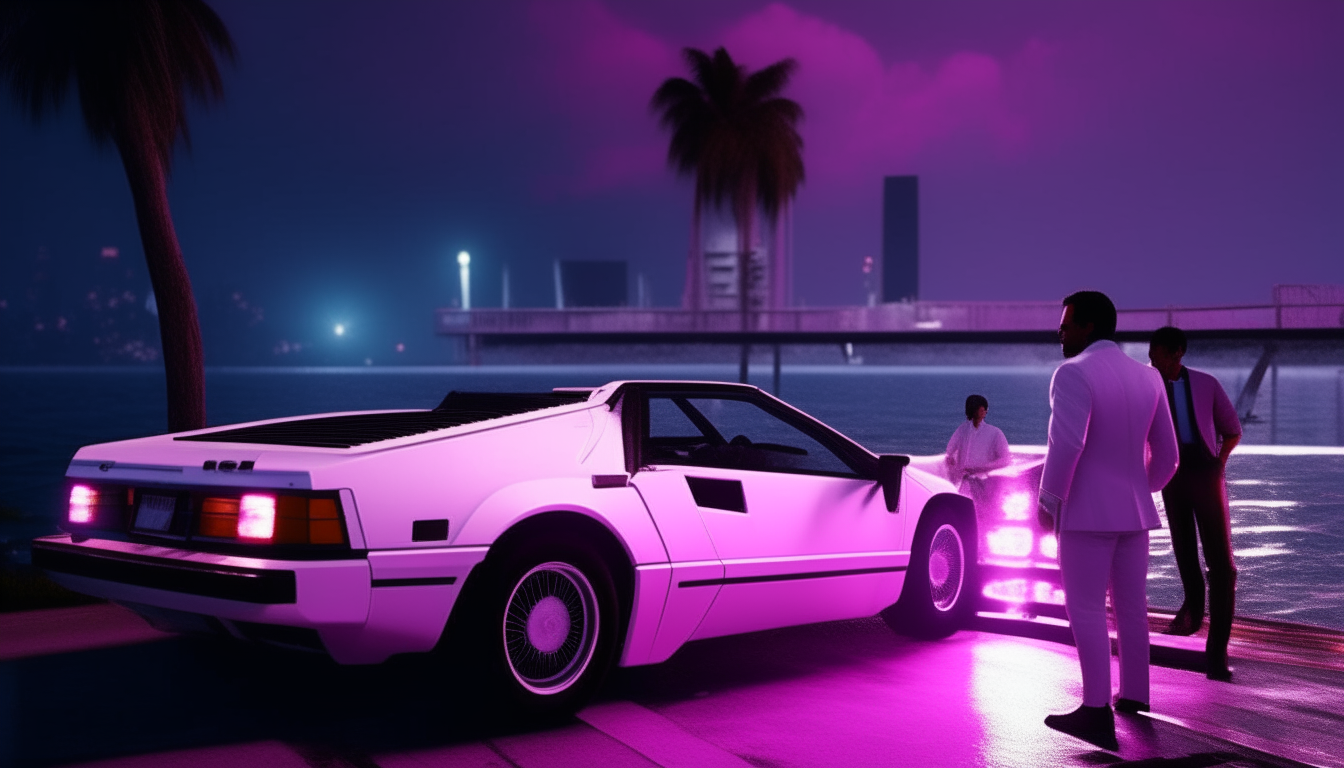 Another view of the Miami Vice scene at night. A white Ferrari Testarossa parked on a purple neon-lit pier. Two men in suits stand next to the car as boats anchor in the water behind them. The neon-colored lights reflect on the car and in the water. View of the Miami Vice scene at night from a different angle. A white Ferrari Testarossa parked on a purple neon-lit pier. Two men in suits stand next to the car as boats anchor in the water behind them. The neon-colored lights reflect on the car and in the water.