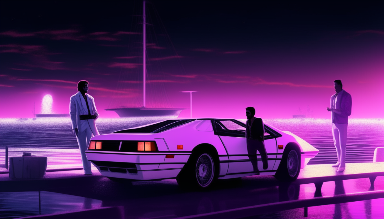 A neon-colored version of the Miami Vice scene at night. A white Ferrari Testarossa parked on a purple neon-lit pier. Two men in suits stand next to the car as boats anchor in the water behind them. The scene takes on a purple glow. Another view of the Miami Vice scene bathed in purple neon light at night. A white Ferrari Testarossa parked on a neon-lit pier. Two men in suits stand next to the car as boats anchor in the water behind them.