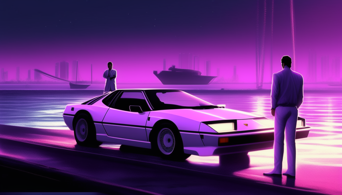 A neon-soaked version of the Miami Vice scene at night. A white Ferrari Testarossa parked on a purple neon-lit pier. Two men in suits stand next to the car as boats anchor in the water behind them. Everything glows purple. The Miami Vice scene glowing purple in the neon night. A white Ferrari Testarossa parked on a lit pier. Two men in suits stand next to the car as boats anchor in the water behind them, all bathed in an ethereal purple light.