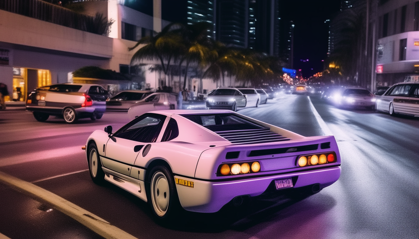 Another view of the white Ferrari Testarossa being chased by police at night in 1984 in downtown Miami. The car races down a neon purple street between tall buildings, with police cars trailing behind it and lights flashing. Pedestrians stand on the sidewalk watching the scene unfold.