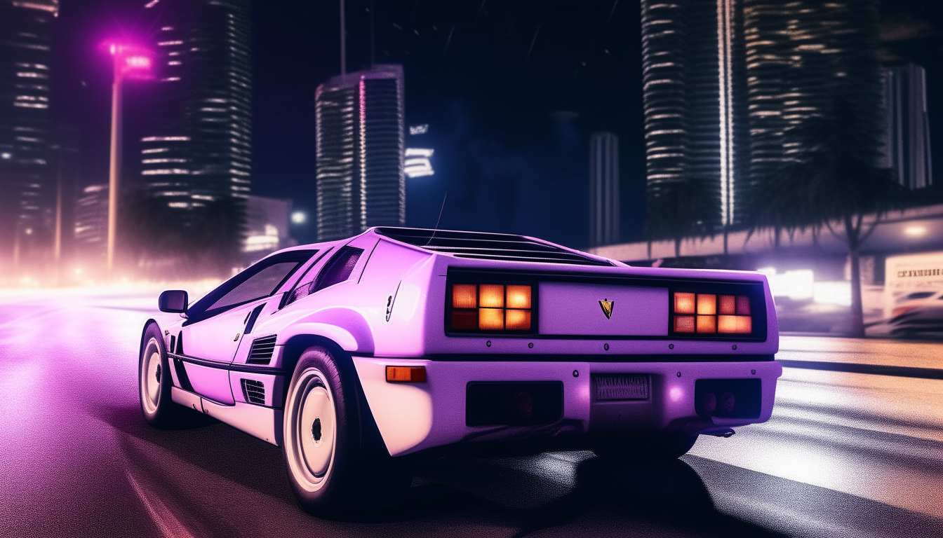A white Ferrari Testarossa speeds through the neon purple glow of downtown Miami at night in 1984, with police cars in pursuit behind it with lights flashing. Skyscrapers loom on either side as the car races down the glowing street.