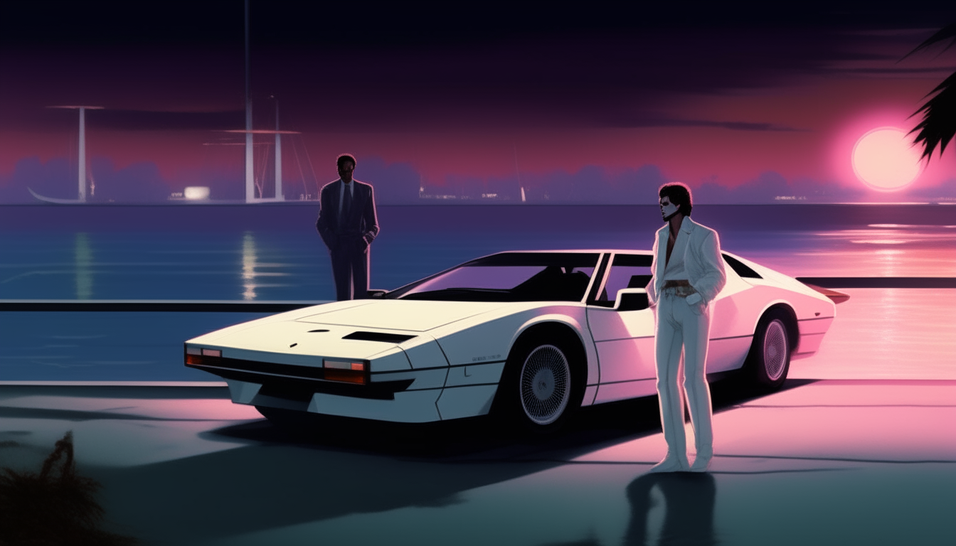 A more realistic nighttime view of the Miami Vice scene. A white Ferrari Testarossa is parked on a pier as two men in suits stand nearby, engaged in conversation. Boats are docked along the pier, and a light breeze ruffles the men's hair and clothes.