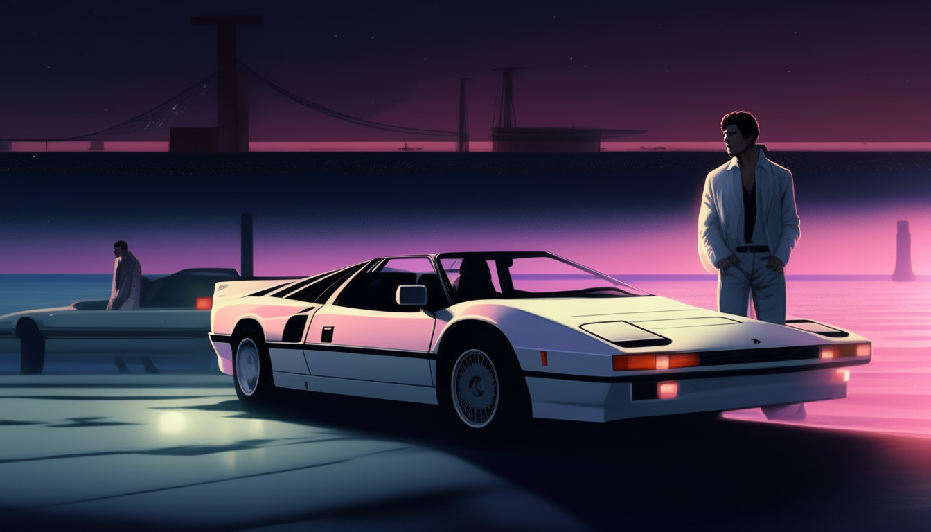 Another realistic take on the Miami Vice scene at night. A white Ferrari Testarossa is parked under the lights on a pier. Two men in suits stand beside the open driver's side door, one leaning against the frame, engaged in a serious discussion. In the distance, boats bob at their moorings.