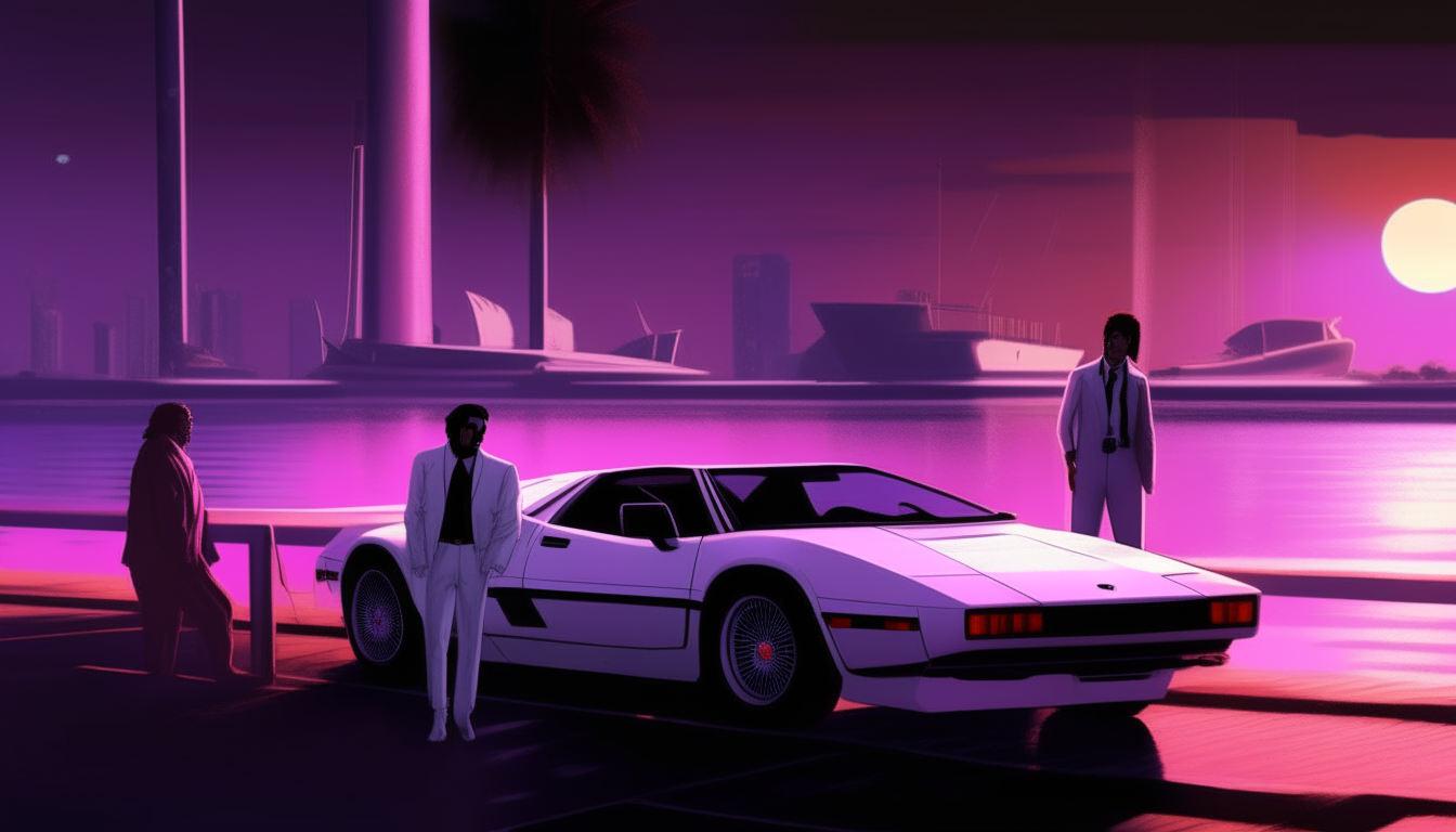 A neon-soaked version of the Miami Vice scene at night. A white Ferrari Testarossa is parked on a purple-lit pier as two men in suits talk beside it. Boats are docked in the purple glow.