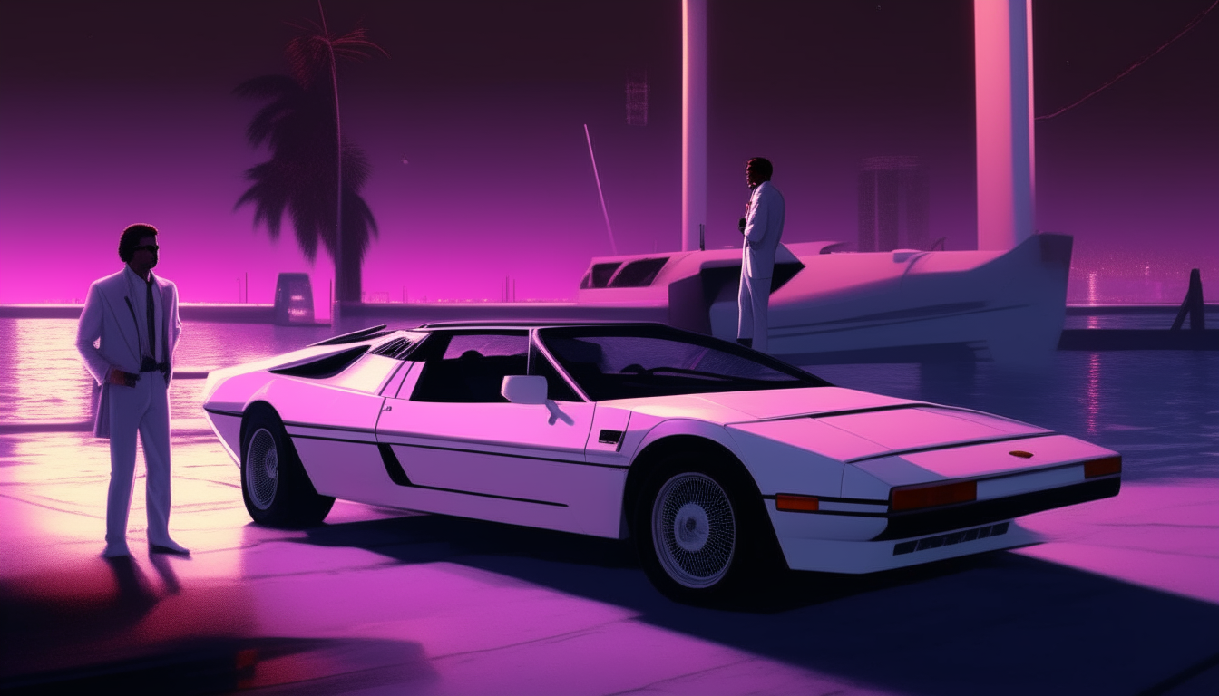 Another view of the Miami Vice scene bathed in purple neon light. A white Ferrari Testarossa is parked under the glow on a pier. Two men in suits stand beside the open driver's side door engrossed in conversation.