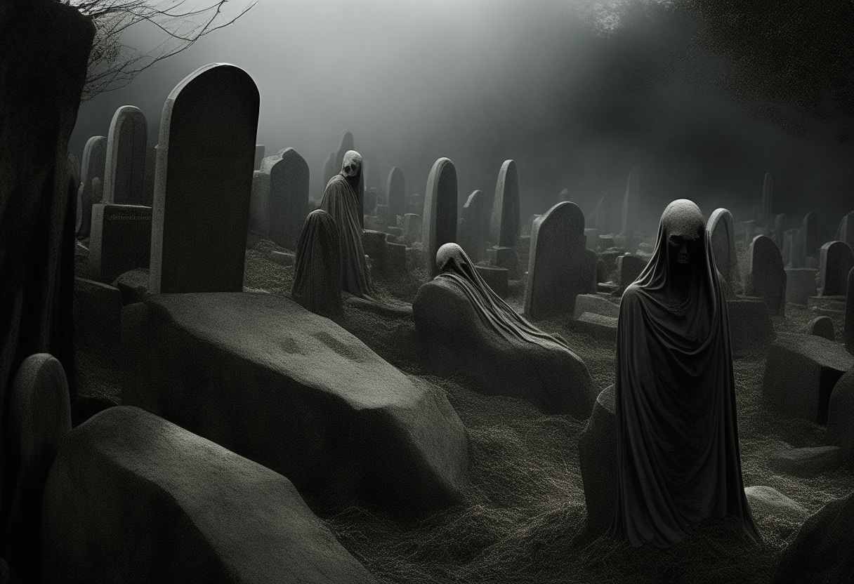 Generate a haunting visual depiction of souls submerged in stone graves, with only their feet and legs protruding upside down. Envision the eerie atmosphere as rows of inverted limbs emerge from the rocky ground, their pale forms stark against the dim light. Picture the sense of entrapment and despair conveyed by the anguished souls, their silent cries echoing through the desolate landscape