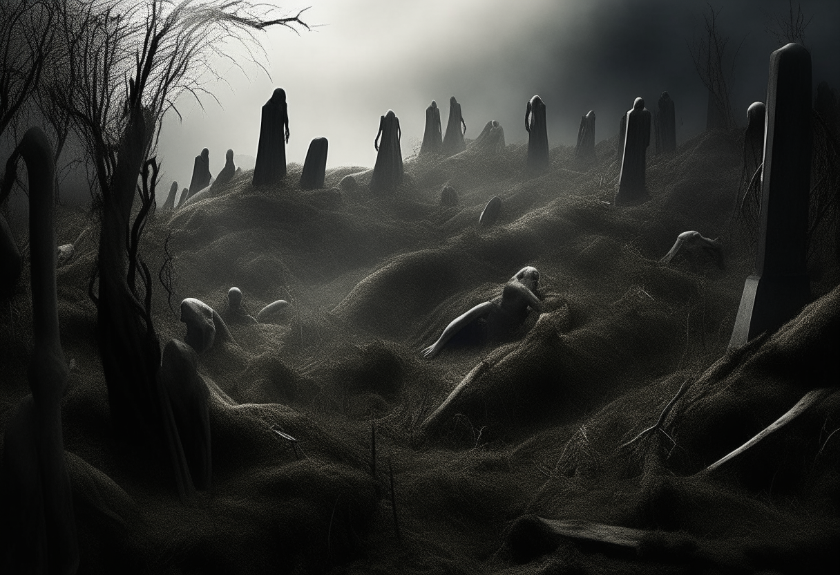 Generate a haunting visual depiction of souls submerged in
 graves, with only their feet and legs protruding upside down. Envision the eerie atmosphere as rows of inverted limbs emerge from the rocky ground, their pale forms stark against the dim light. Picture the sense of entrapment and despair conveyed by the anguished souls, their silent cries echoing through the desolate landscape