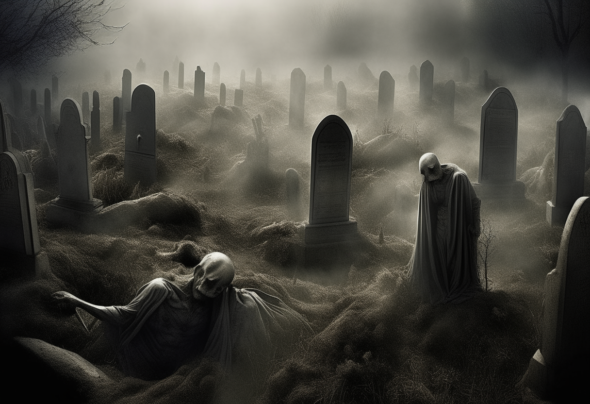 Generate a haunting visual depiction of souls submerged in
 graves, with only their feet and legs protruding upside down. Picture the sense of entrapment and despair conveyed by the anguished souls, their silent cries echoing through the desolate landscape