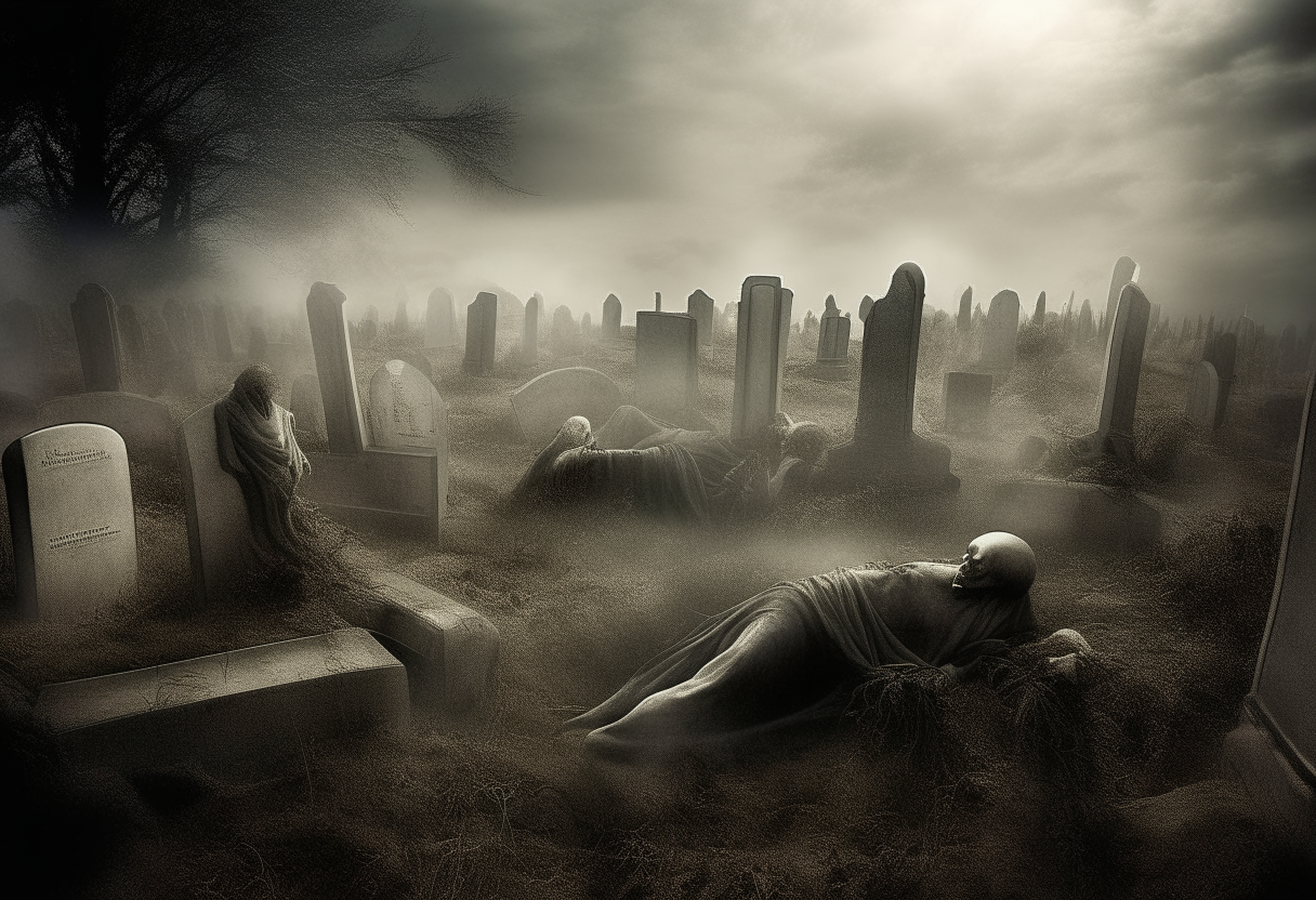 Generate a haunting visual depiction of souls in
 graves, with their feet and legs protruding upside down. Picture the sense of entrapment and despair conveyed by the anguished souls, their silent cries echoing through the desolate landscape