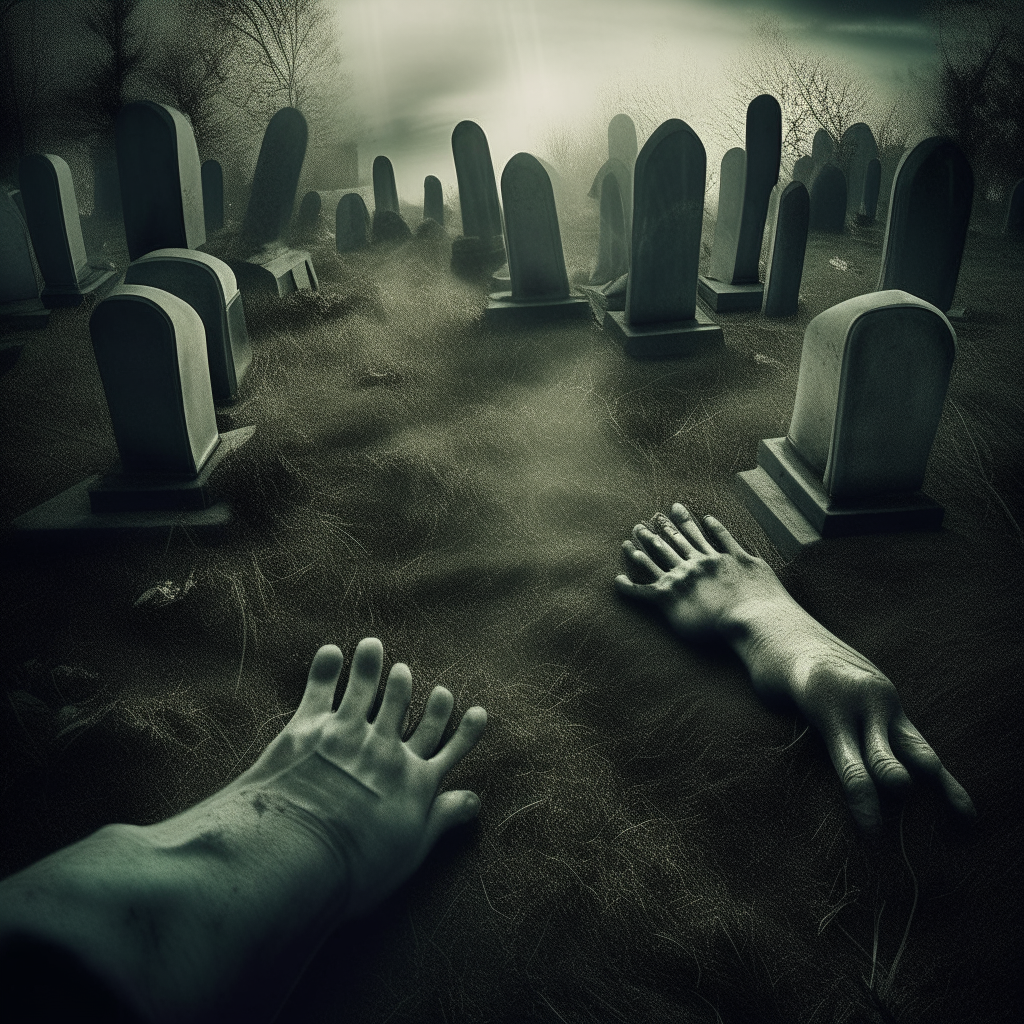 Generate a haunting visual depiction of souls upside down in graves, with their feet and legs protruding upside down. 
