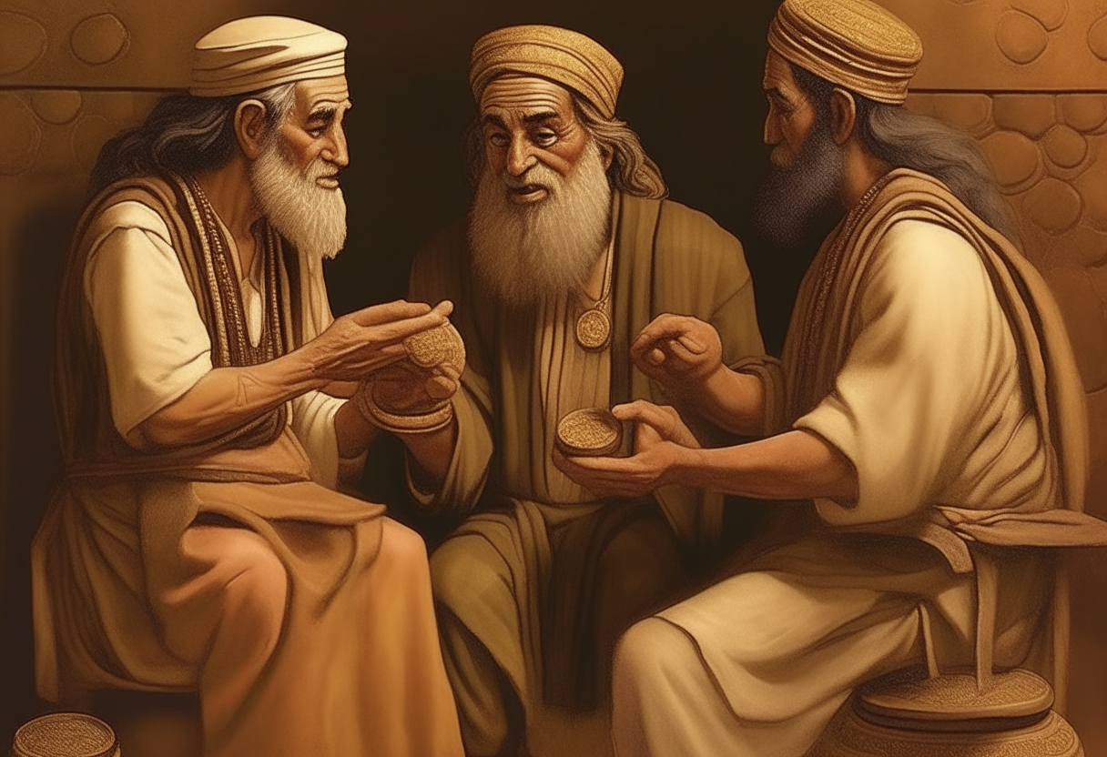 a mesopotamian prophet offering coins to two ancient mesopotamian men