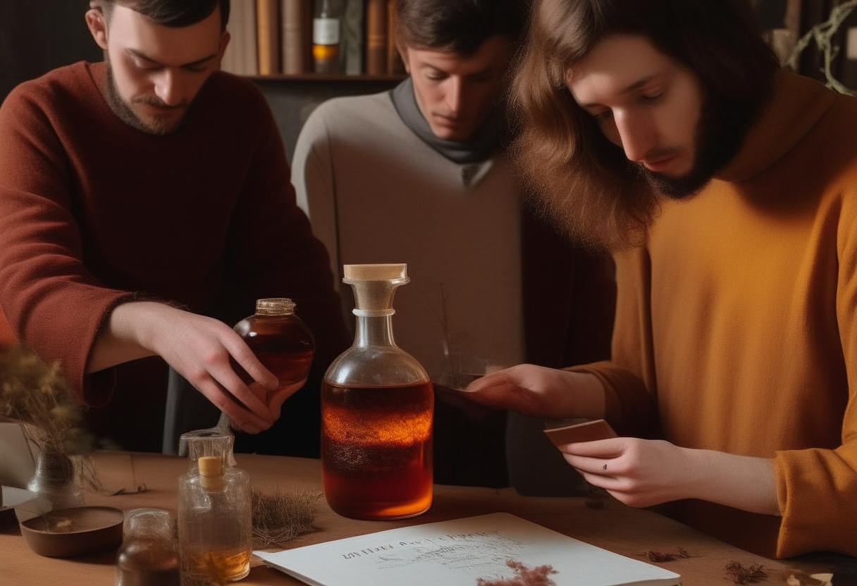 three individuals occupy the scene. Two men stand beside an amber bottle, while across them, a woman holds another bottle containing red liquid infused with chamomile flowers, anise, and rosemary leaves. The woman also clutches a phytotherapy book.