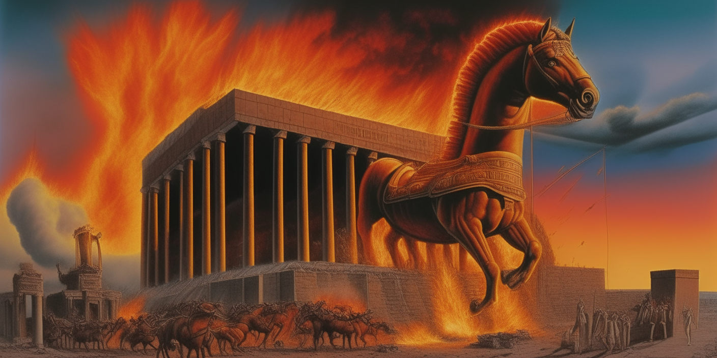 a second powerful visual narrative depicting the fiery destruction of Troy and the iconic Trojan Horse with the ancient city engulfed in flames