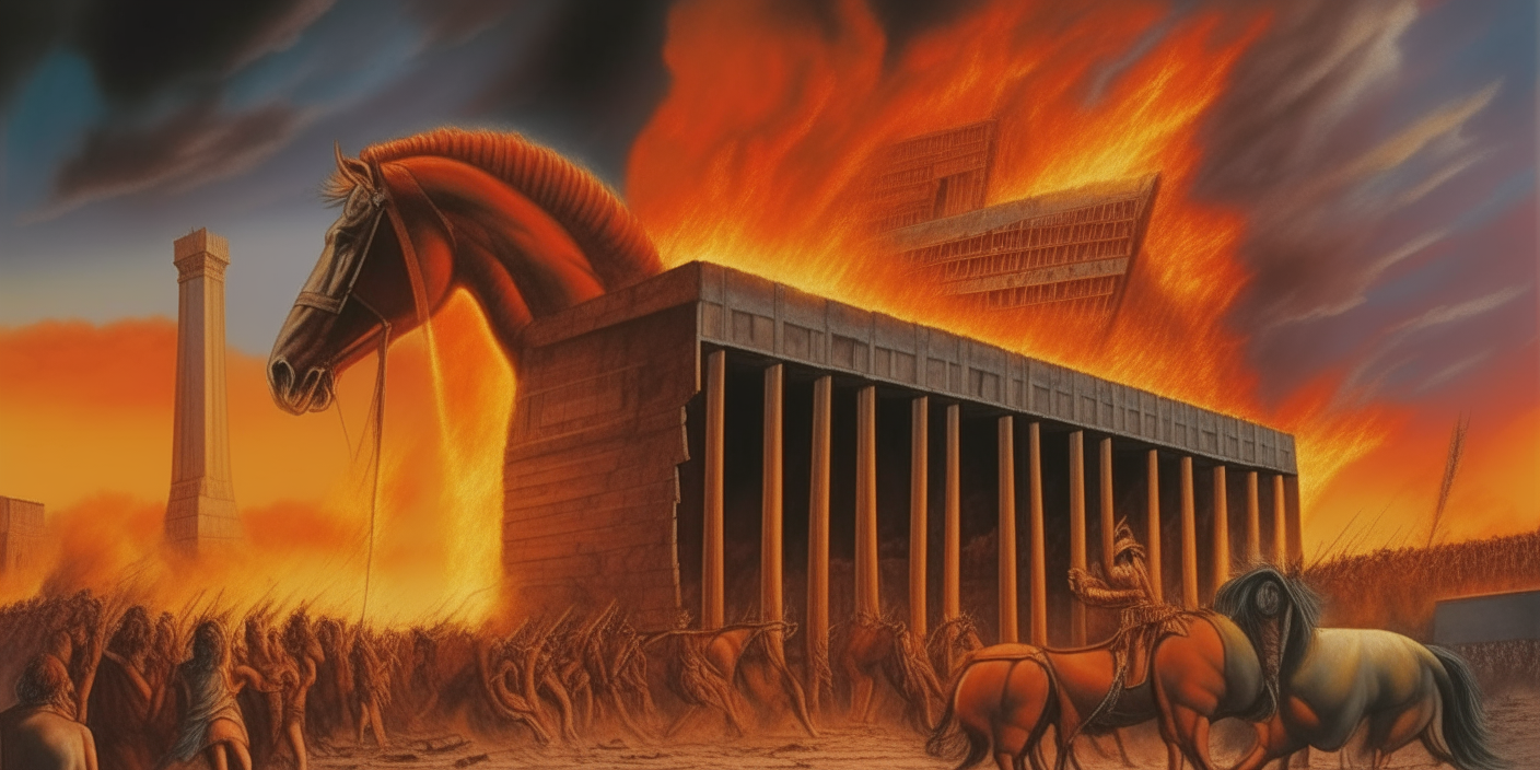 a powerful visual narrative depicting the fiery destruction of Troy and the iconic Trojan Horse with the ancient city engulfed in flames