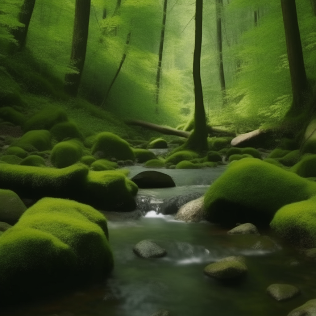 a lush green forest with a babbling brook and mossy rocks in the foreground, 4k