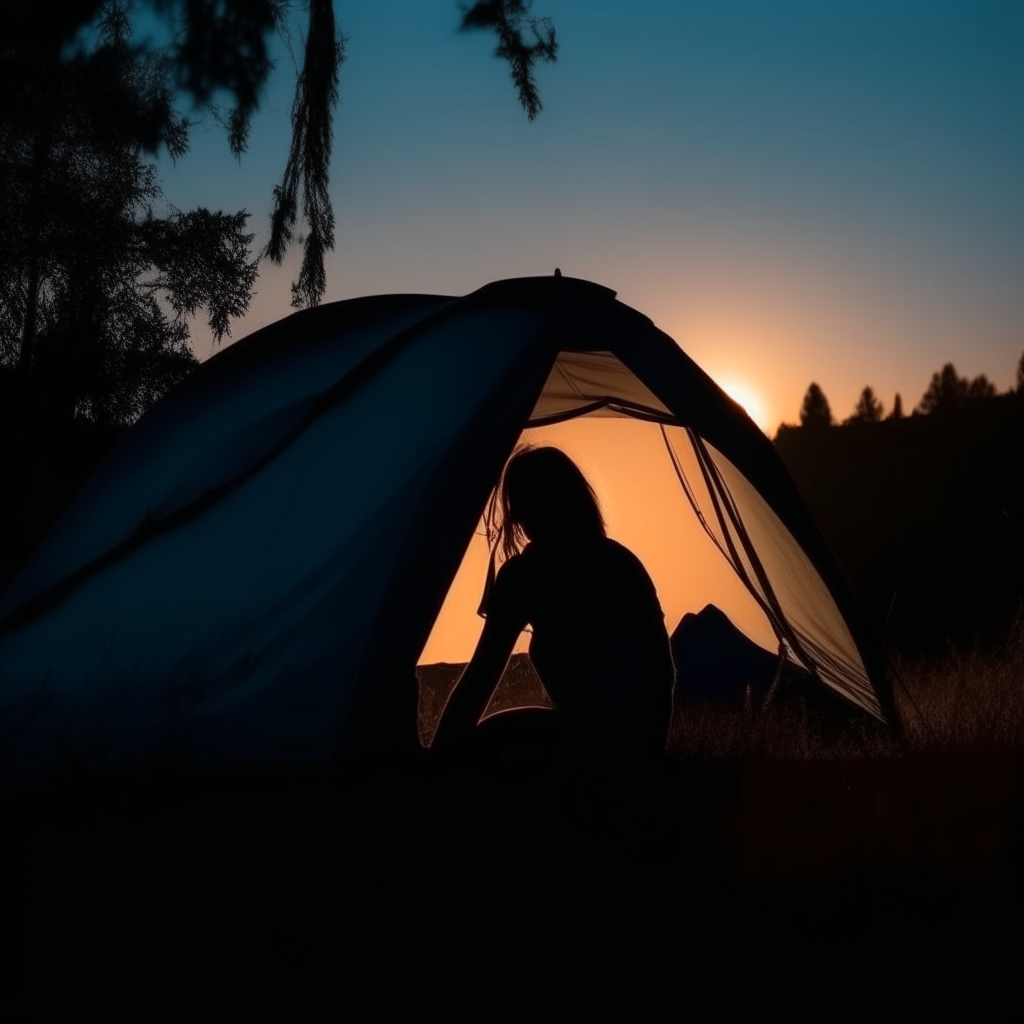 Silhouette of a girl in a camping tent close-up concept of traveling and crossing the landscape.