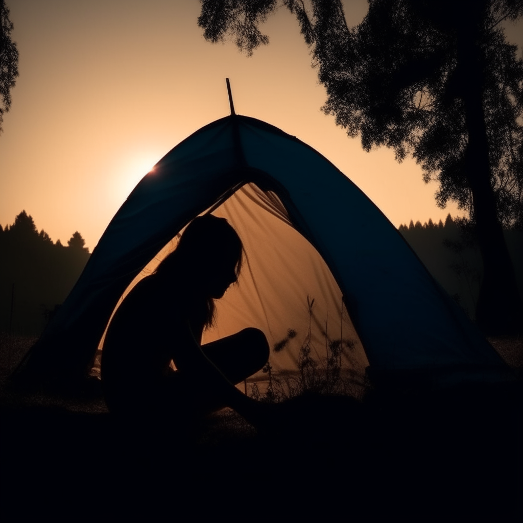 Silhouette of a girl in a camping tent close-up concept of traveling and crossing the landscape.