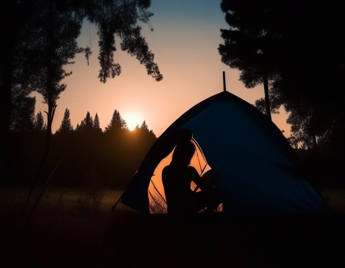 Silhouette of a girl in a camping tent close-up concept of traveling and crossing the landscape.