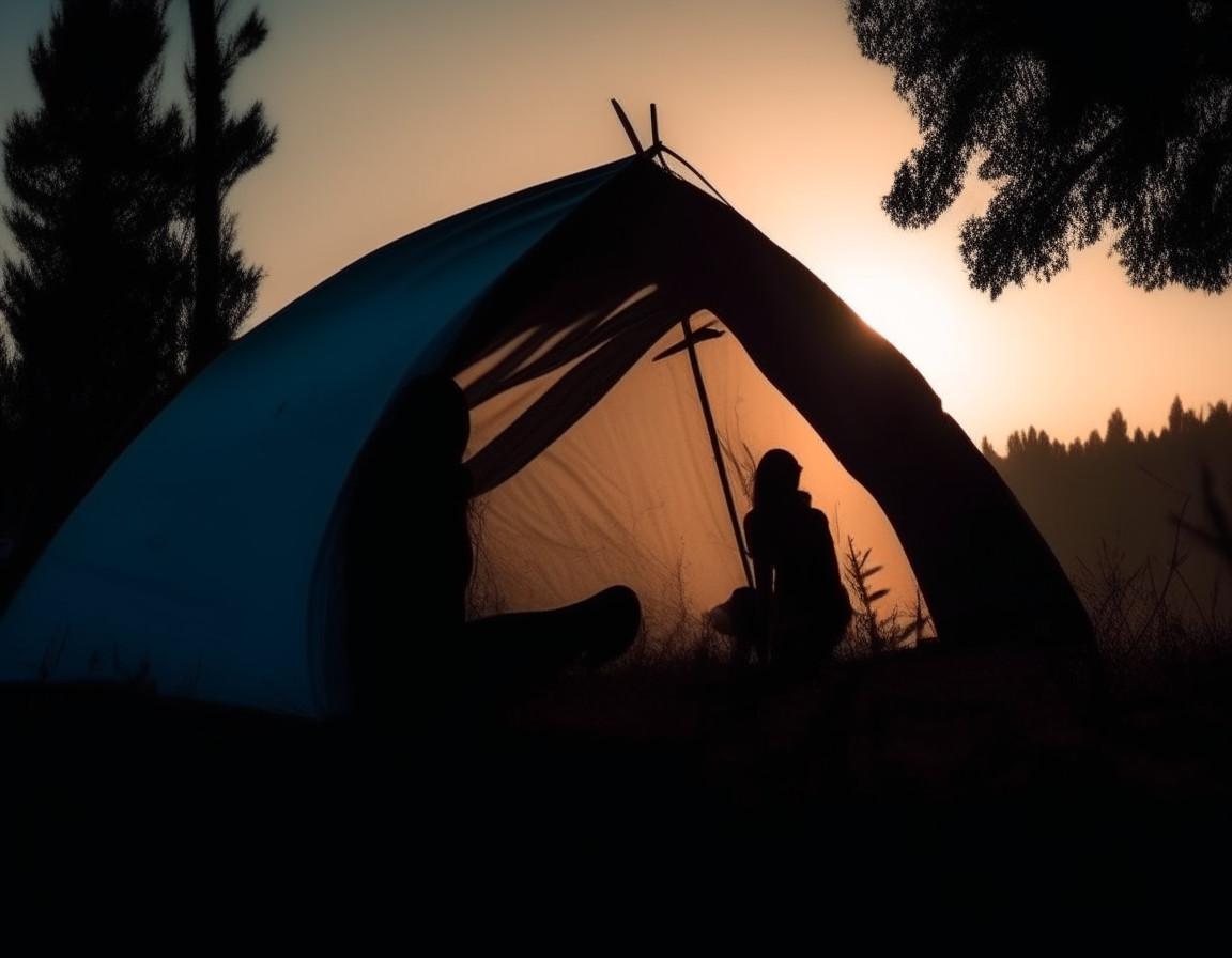 Silhouette of a girl in a camping tent close-up concept of traveling and crossing the landscape.