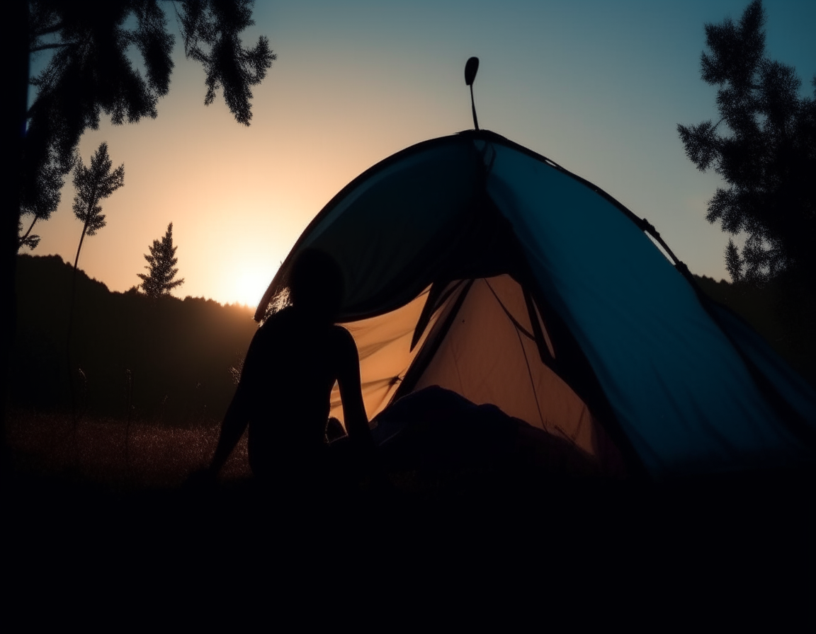 Silhouette of a girl in a camping tent close-up concept of traveling and crossing the landscape.