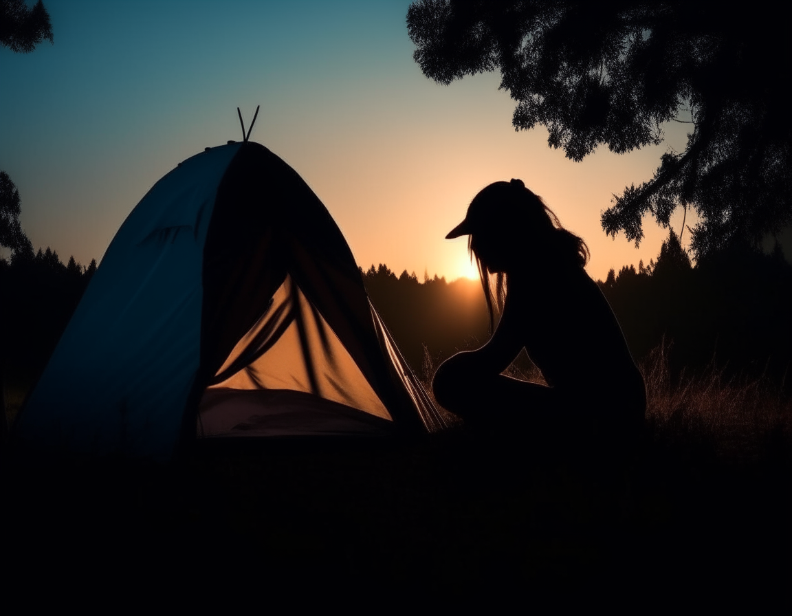 Silhouette of a girl in a camping tent close-up concept of traveling and crossing the landscape.