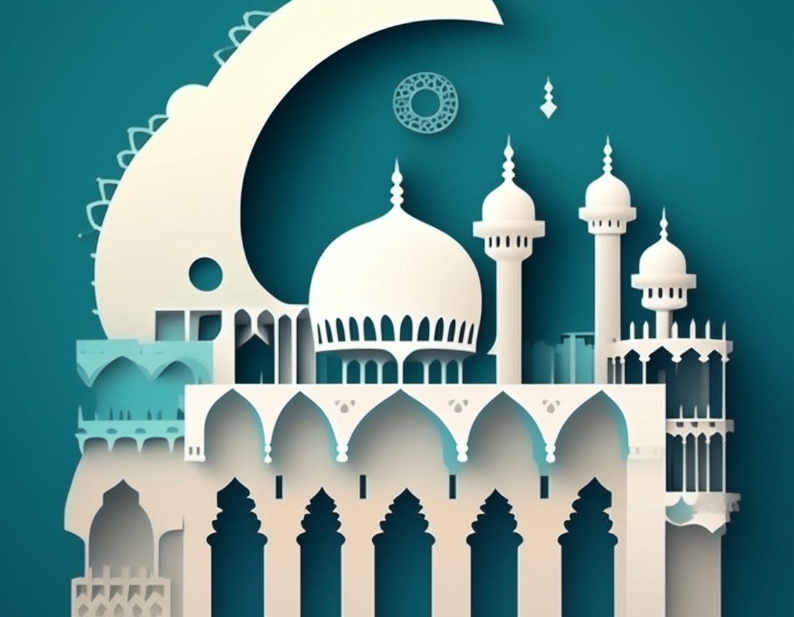 Illustration of abstract paper cut mosque, crescent, window and street for greeting card, background Happy Ramadan Kareem.