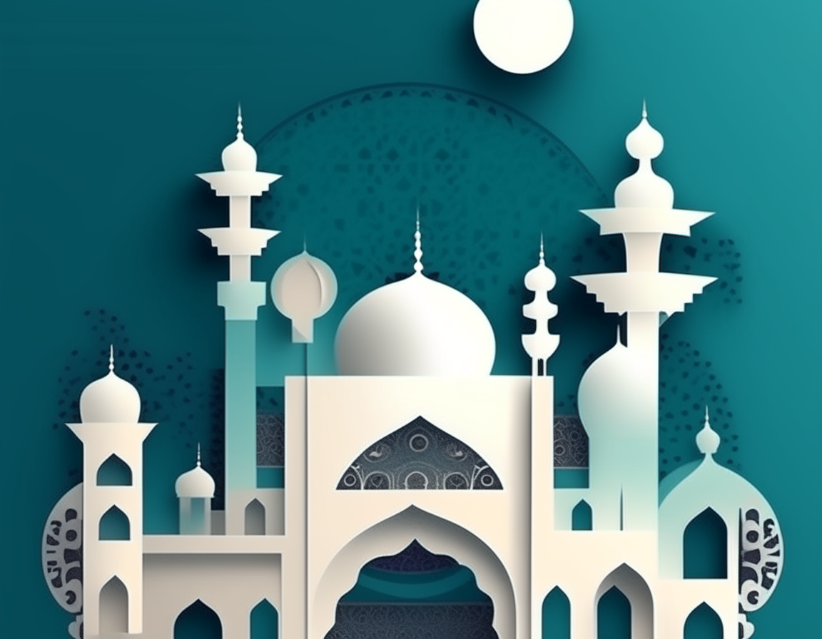 Illustration of abstract paper cut mosque, crescent, window and street for greeting card, background Happy Ramadan Kareem.