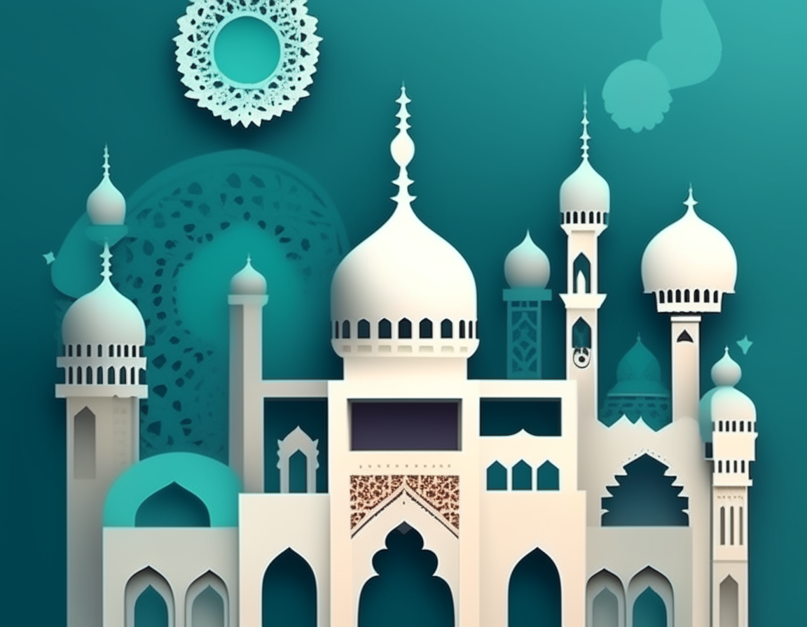 Illustration of abstract paper cut mosque, crescent, window and street for greeting card, background Happy Ramadan Kareem.