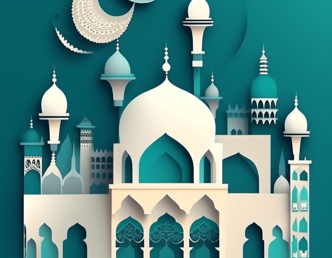 Illustration of abstract paper cut mosque, crescent, window and street for greeting card, background Happy Ramadan Kareem.