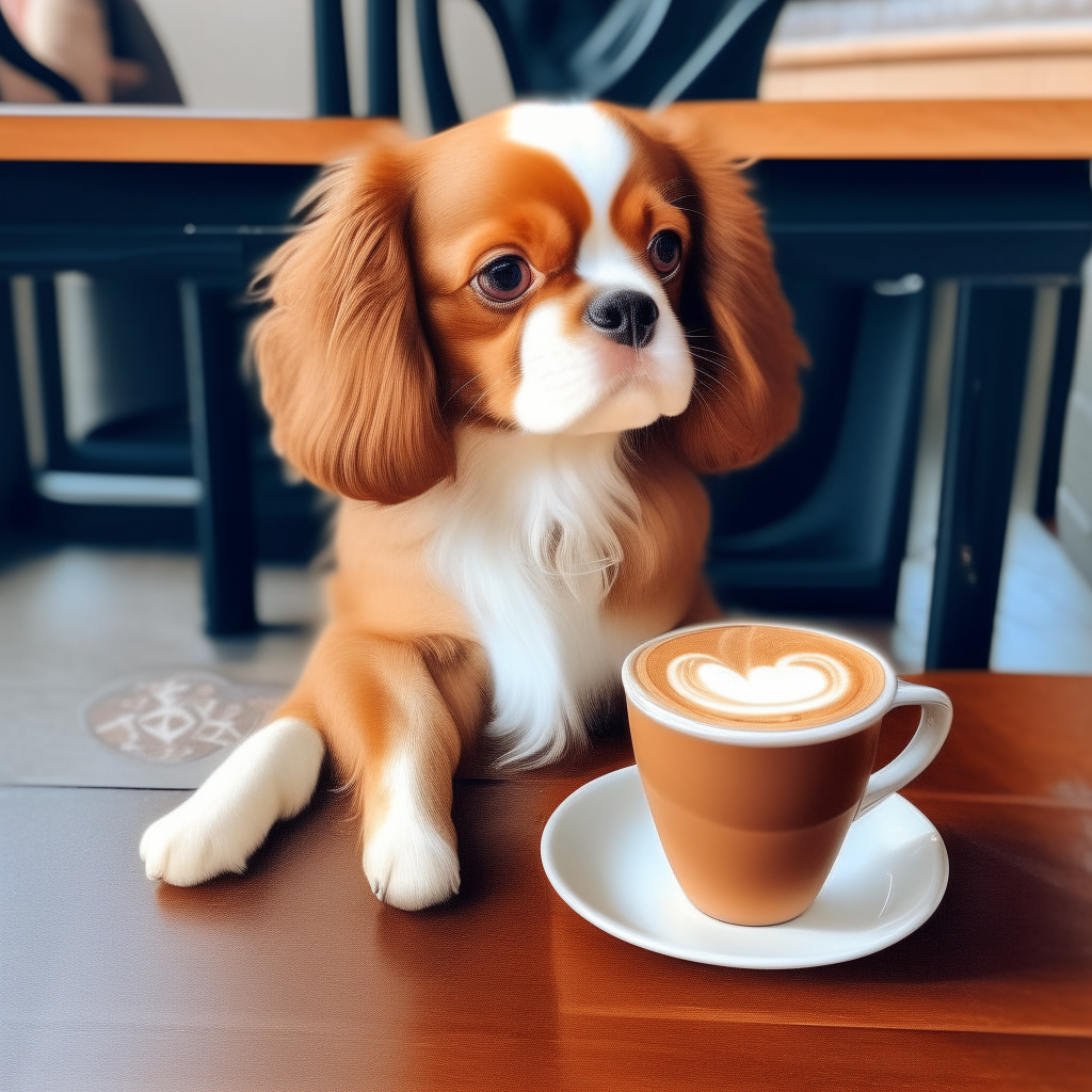 a brown Cavalier King Charles Spaniel puppy sitting at a cafe table, drinking a latte with heart-shaped foam art